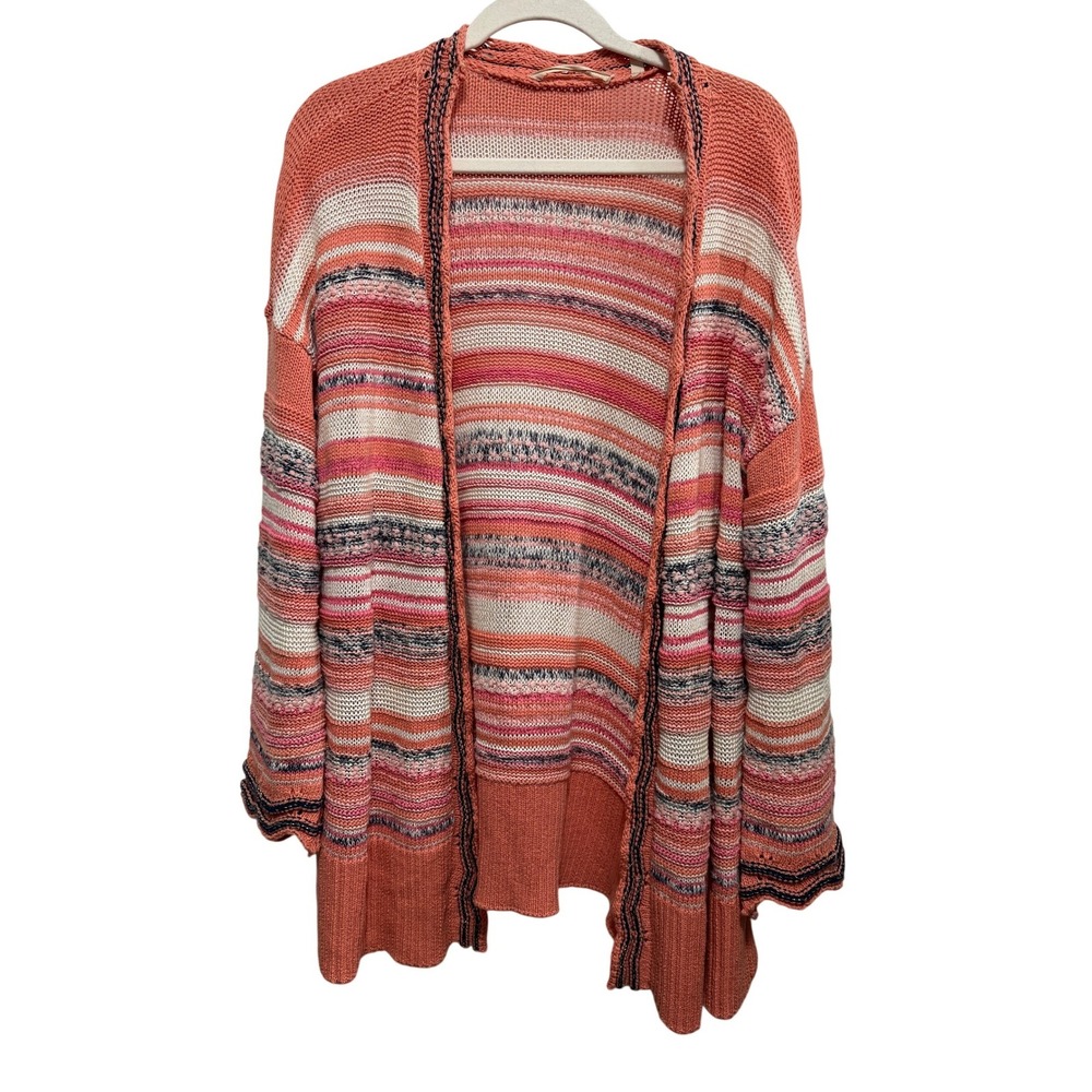 Soft Surroundings Coral Striped Open Front Cardigan Metallic Artist Knit Medium